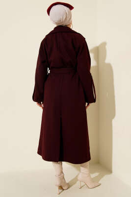 Fitilli Kuşaklı Kaşe Kaban Bordo - Kaban