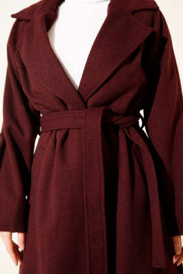 Fitilli Kuşaklı Kaşe Kaban Bordo - Kaban