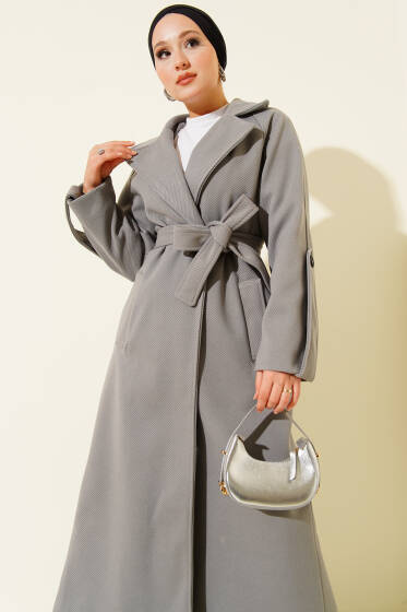 Fitilli Kuşaklı Kaşe Kaban Gri - Kaban