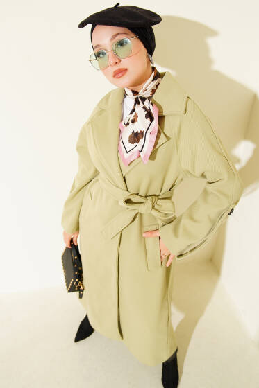 Fitilli Kuşaklı Kaşe Kaban Mint - Kaban