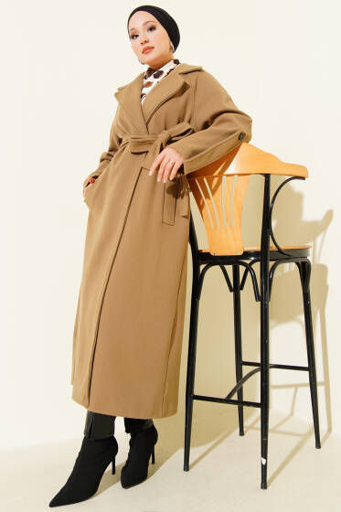 Fitilli Kuşaklı Kaşe Kaban Vizon - Kaban