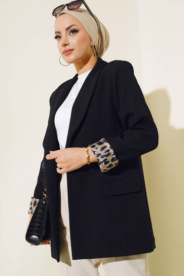 Fitilli Leopar Garnili Ceket Siyah - Ceket