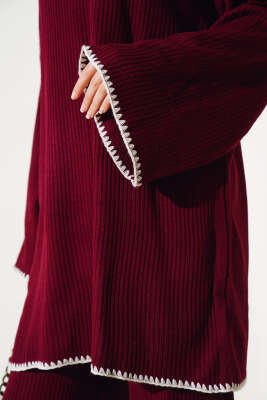 Fitilli Midye Dikiş Triko İkili Takım Bordo - Triko İkili Takım