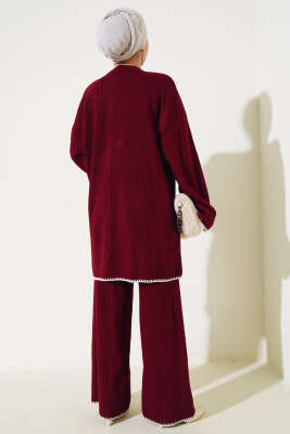 Fitilli Midye Dikiş Triko İkili Takım Bordo - Triko İkili Takım