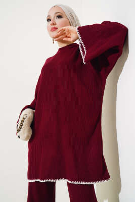 Fitilli Midye Dikiş Triko İkili Takım Bordo - Triko İkili Takım