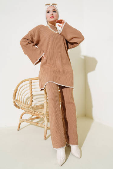 Fitilli Midye Dikiş Triko İkili Takım Büsküvi - İkili Takım