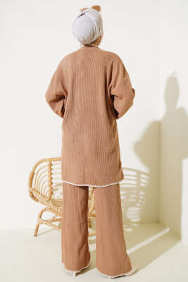 Fitilli Midye Dikiş Triko İkili Takım Büsküvi - Triko İkili Takım