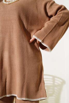 Fitilli Midye Dikiş Triko İkili Takım Büsküvi - Triko İkili Takım