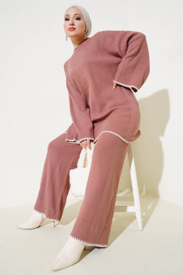 Fitilli Midye Dikiş Triko İkili Takım Gül Kurusu - İkili Takım