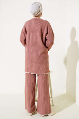 Fitilli Midye Dikiş Triko İkili Takım Gül Kurusu - Triko İkili Takım