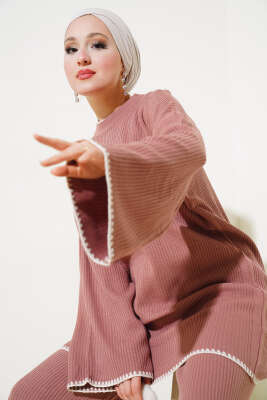 Fitilli Midye Dikiş Triko İkili Takım Gül Kurusu - Triko İkili Takım