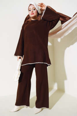 Fitilli Midye Dikiş Triko İkili Takım Kahve 