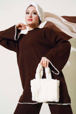 Fitilli Midye Dikiş Triko İkili Takım Kahve - Triko İkili Takım