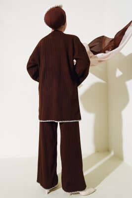 Fitilli Midye Dikiş Triko İkili Takım Kahve - Triko İkili Takım