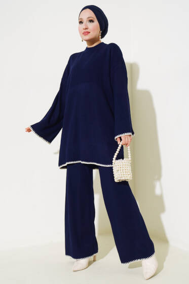 Fitilli Midye Dikiş Triko İkili Takım Lacivert - İkili Takım