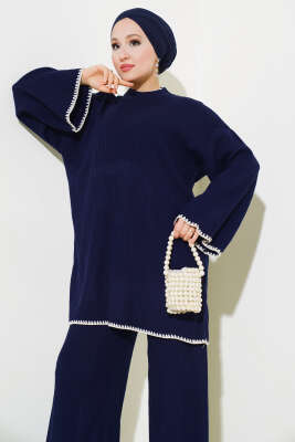 Fitilli Midye Dikiş Triko İkili Takım Lacivert - Triko İkili Takım