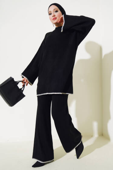 Fitilli Midye Dikiş Triko İkili Takım Siyah - İkili Takım