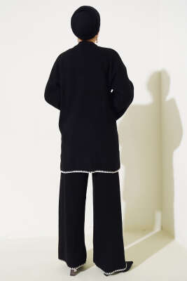 Fitilli Midye Dikiş Triko İkili Takım Siyah - Triko İkili Takım