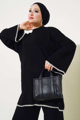 Fitilli Midye Dikiş Triko İkili Takım Siyah - Triko İkili Takım