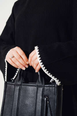 Fitilli Midye Dikiş Triko İkili Takım Siyah - Triko İkili Takım