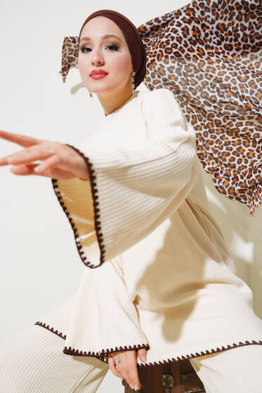 Fitilli Midye Dikiş Triko İkili Takım Taş - İkili Takım