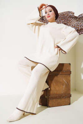 Fitilli Midye Dikiş Triko İkili Takım Taş - Triko İkili Takım