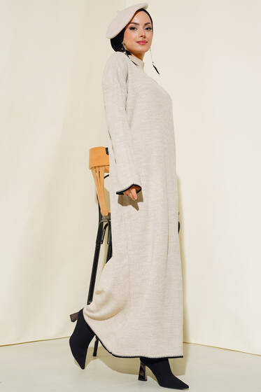 Fitilli Nakış Detaylı Triko Elbise Bej - Tesettür Elbise