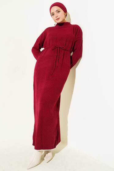 Fitilli Nakış Detaylı Triko Elbise Bordo - Elbise