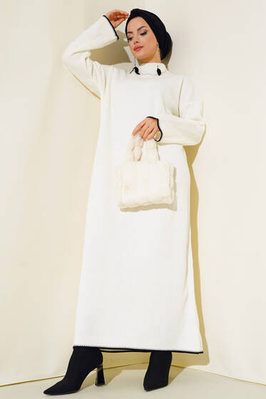 Fitilli Nakış Detaylı Triko Elbise Ekru - Elbise