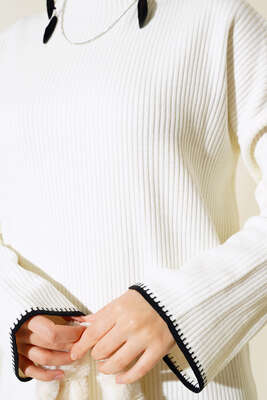 Fitilli Nakış Detaylı Triko Elbise Ekru - Thumbnail