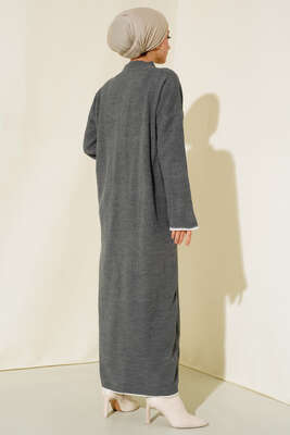 Fitilli Nakış Detaylı Triko Elbise Füme - Thumbnail