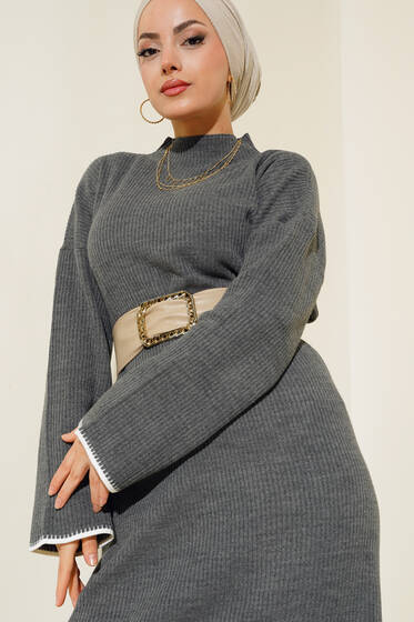 Fitilli Nakış Detaylı Triko Elbise Füme - Tesettür Elbise