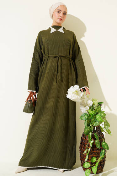 Fitilli Nakış Detaylı Triko Elbise Haki - Elbise