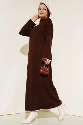 Fitilli Nakış Detaylı Triko Elbise Kahve - Thumbnail