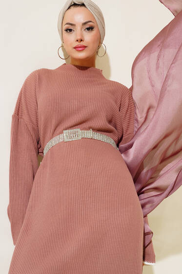 Fitilli Nakış Detaylı Triko Elbise Pudra - Tesettür Elbise
