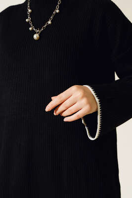 Fitilli Nakış Detaylı Triko Elbise Siyah - Thumbnail