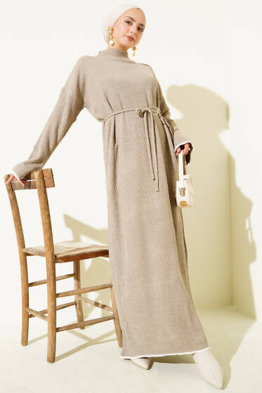 Fitilli Nakış Detaylı Triko Elbise Vizon - Elbise