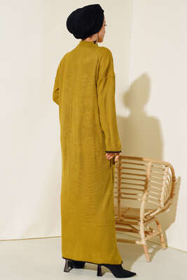 Fitilli Nakış Detaylı Triko Elbise Yağ Yeşili - Thumbnail