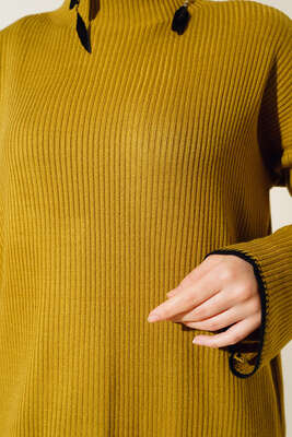 Fitilli Nakış Detaylı Triko Elbise Yağ Yeşili - Thumbnail