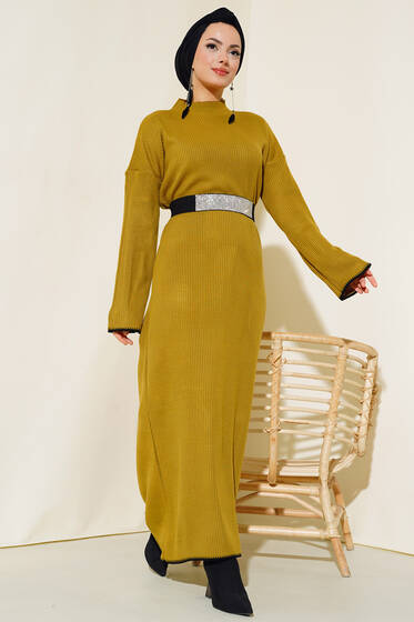 Fitilli Nakış Detaylı Triko Elbise Yağ Yeşili - Tesettür Elbise