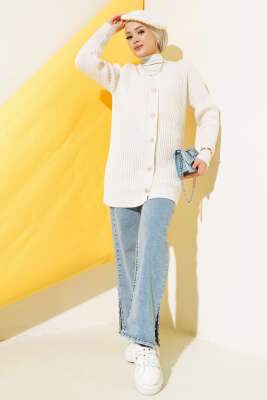 Fitilli Önü Düğmeli Triko Hırka Bej - Triko Hırka