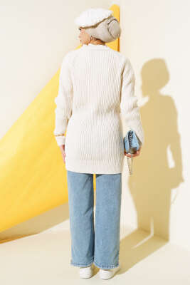 Fitilli Önü Düğmeli Triko Hırka Bej - Triko Hırka