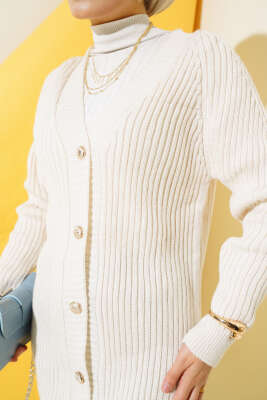 Fitilli Önü Düğmeli Triko Hırka Bej - Triko Hırka