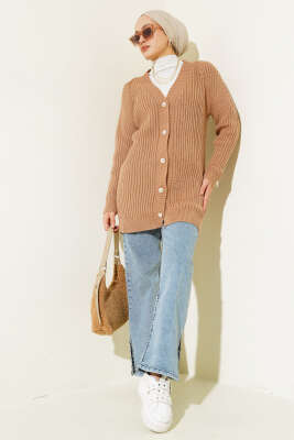 Fitilli Önü Düğmeli Triko Hırka Büsküvi - Triko Hırka