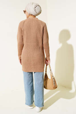 Fitilli Önü Düğmeli Triko Hırka Büsküvi - Triko Hırka