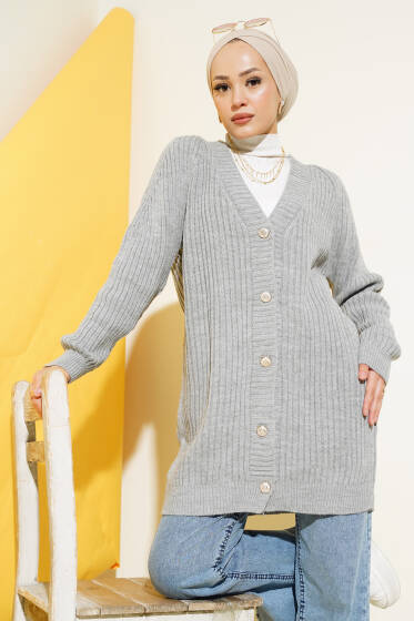 Fitilli Önü Düğmeli Triko Hırka Gri - Hırka