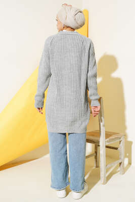 Fitilli Önü Düğmeli Triko Hırka Gri - Triko Hırka