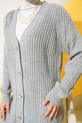 Fitilli Önü Düğmeli Triko Hırka Gri - Triko Hırka