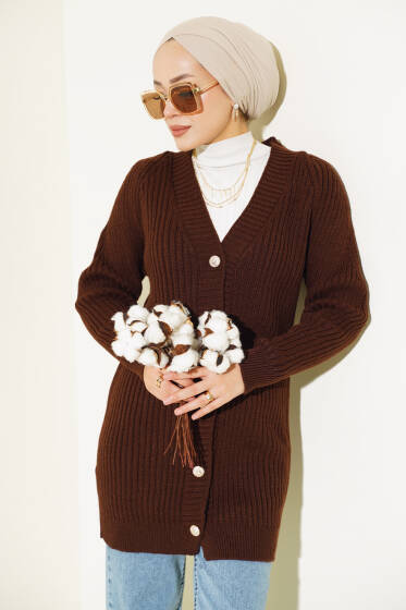 Fitilli Önü Düğmeli Triko Hırka Kahve - Hırka