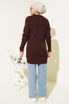 Fitilli Önü Düğmeli Triko Hırka Kahve - Triko Hırka